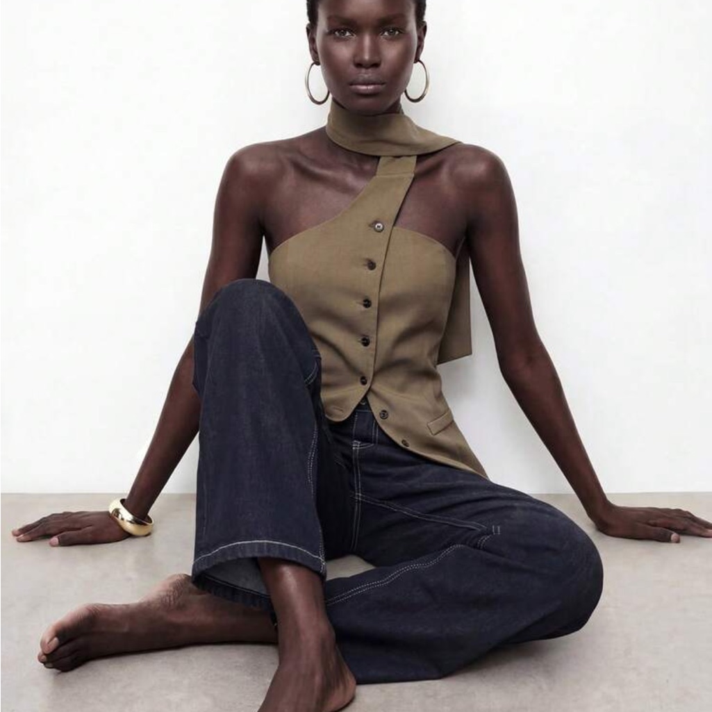 Asymmetrical One-Shoulder Button-Front Neck Wrap Top Olive